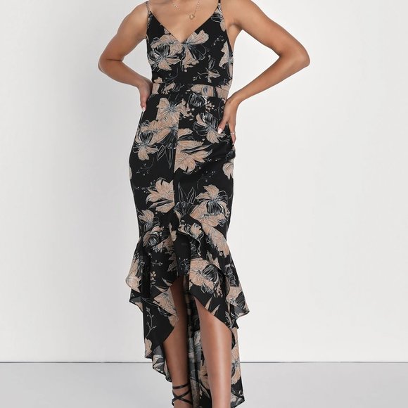 Lulus Darling Daylily Black Floral Print High-Low Maxi Dress (NWT, Size M) - Picture 1 of 6
